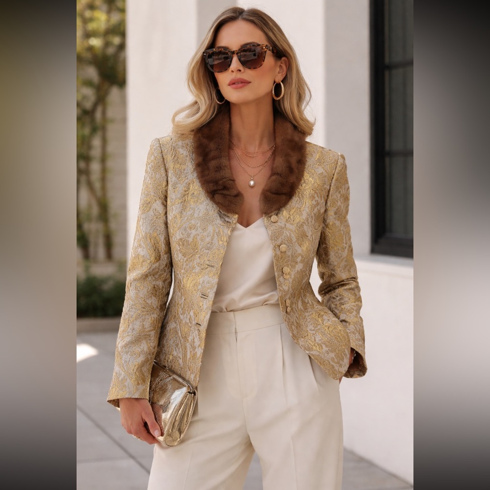 DONCASTER SILK BROCADE JACKET with MINK COLLAR SIZE‎ 6